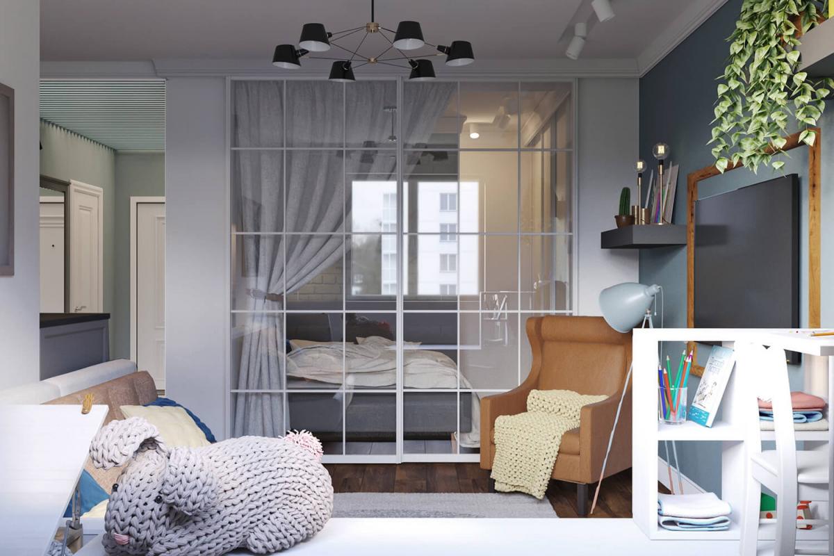 Интерьер гостиной в однокомнатной квартире. Ратомская 7 | Ndesign