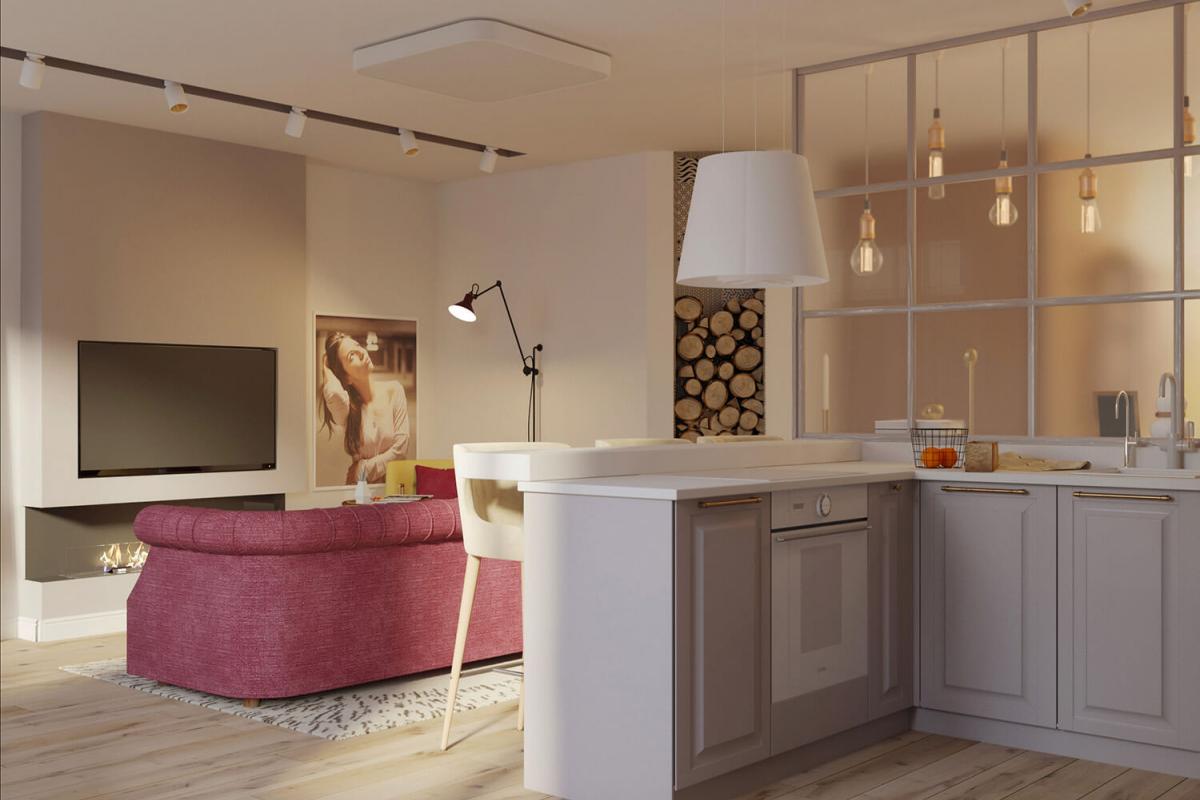 Интерьер совмещенной гостиной с кухней в квартире. Туровского 4 | Ndesign